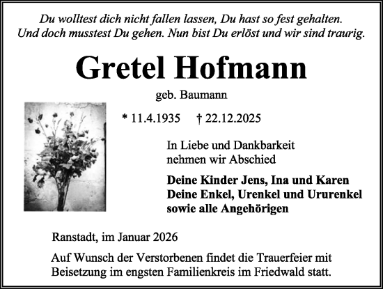 Traueranzeige von Gretel Hofmann von Kreis-Anzeiger
