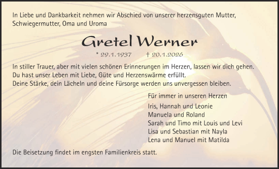 Traueranzeige von Gretel Werner von Wetterauer Zeitung