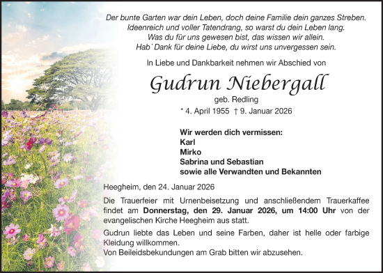 Traueranzeige von Gudrun Niebergall von Kreis-Anzeiger