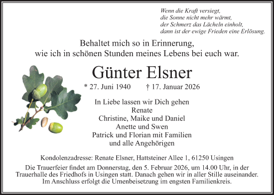 Traueranzeige von Günter Elsner von Usinger Anzeigenblatt