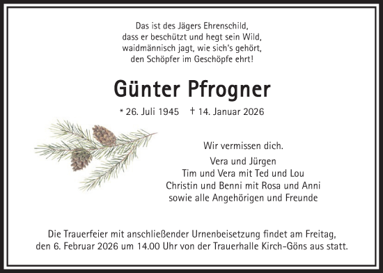 Traueranzeige von Günter Pfrogner von Butzbacher Zeitung, Giessener Allgemeine, Alsfelder Allgemeine
