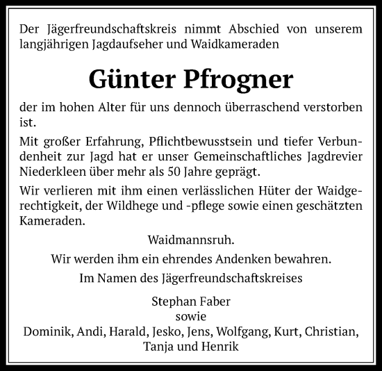 Traueranzeige von Günter Pfrogner von Giessener Allgemeine, Alsfelder Allgemeine
