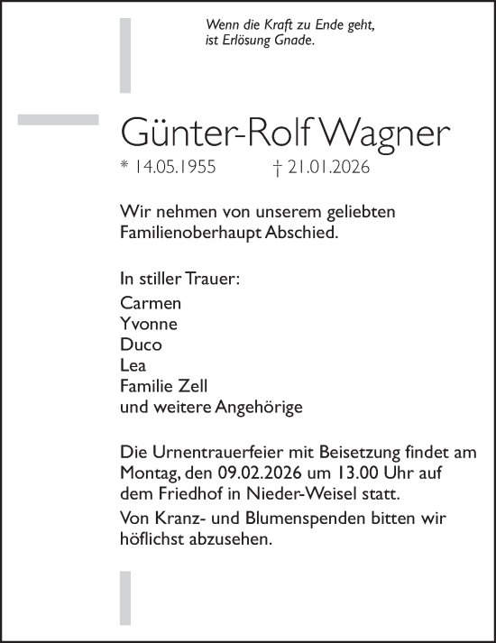 Traueranzeige von Günter-Rolf Wagner von Butzbacher Zeitung