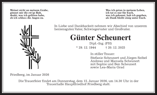 Traueranzeige von Günter Scheunert von Giessener Allgemeine, Alsfelder Allgemeine, Wetterauer Zeitung