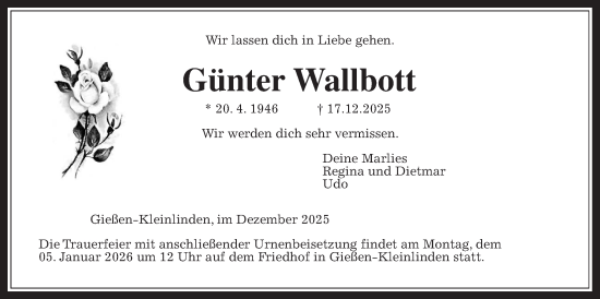 Traueranzeige von Günter Wallbott von Giessener Allgemeine, Alsfelder Allgemeine, Giessener Anzeiger, Giessener Allgemeine, Alsfelder Allgemeine, Giessener Anzeiger