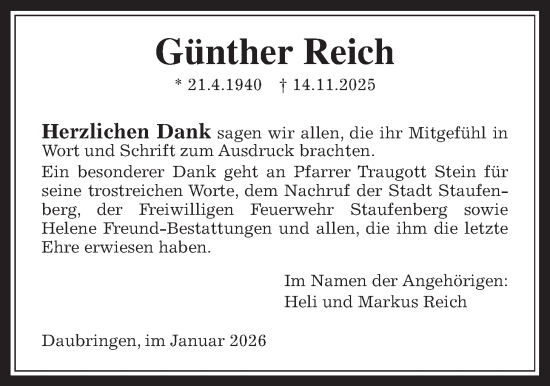 Traueranzeige von Günther Reich von Giessener Allgemeine, Alsfelder Allgemeine