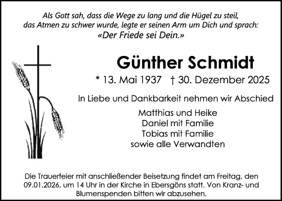 Traueranzeige von Günther Schmidt von Butzbacher Zeitung