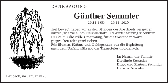 Traueranzeige von Günther Semmler von Giessener Allgemeine, Alsfelder Allgemeine, Laubacher Anzeiger