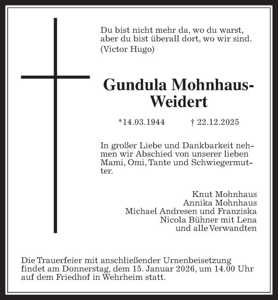 Traueranzeige von Gundula Mohnhaus-Weidert von Usinger Anzeiger
