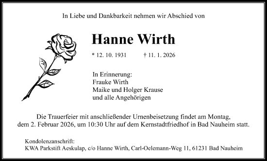 Traueranzeige von Hanne Wirth von Wetterauer Zeitung