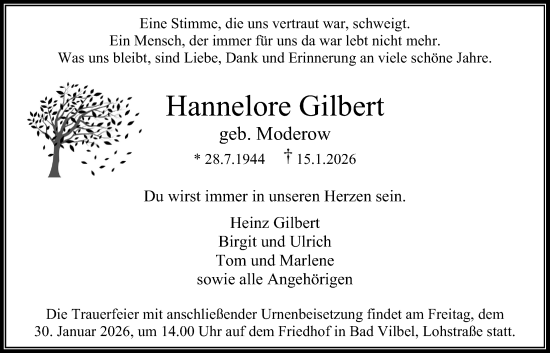 Traueranzeige von Hannelore Gilbert von Bad Vilbel/Karben