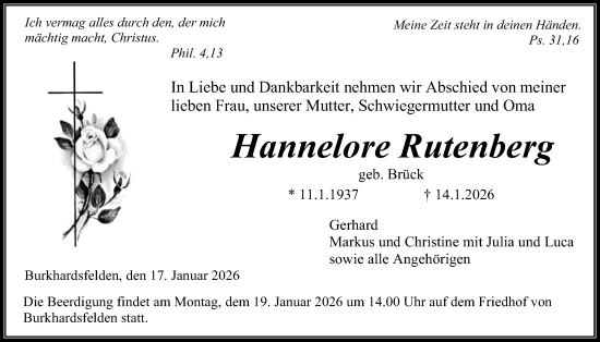Traueranzeige von Hannelore Rutenberg von Giessener Anzeiger, Giessener Allgemeine, Alsfelder Allgemeine