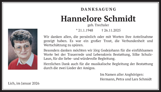 Traueranzeige von Hannelore Schmidt von Licher Wochenblatt