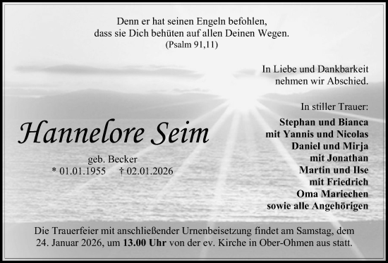 Traueranzeige von Hannelore Seim von Mücker Stimme, Oberhessische Zeitung, Alsfelder Allgemeine