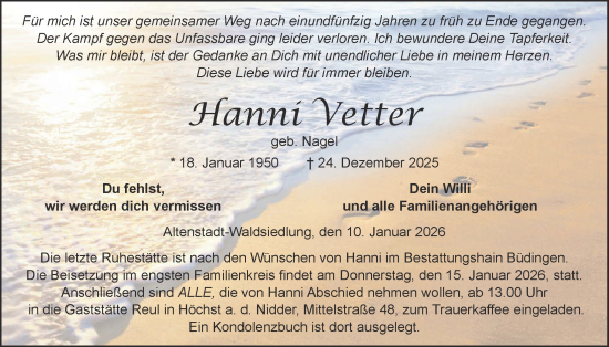Traueranzeige von Hanni Vetter von Kreis-Anzeiger