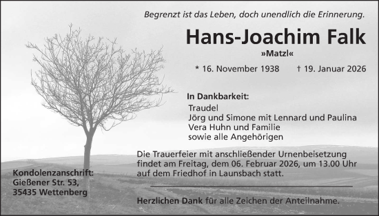 Traueranzeige von Hans-Joachim Falk von Giessener Allgemeine, Alsfelder Allgemeine