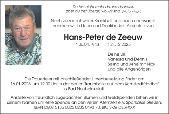 Traueranzeige von Hans-Peter de Zeeuw von Wetterauer Zeitung