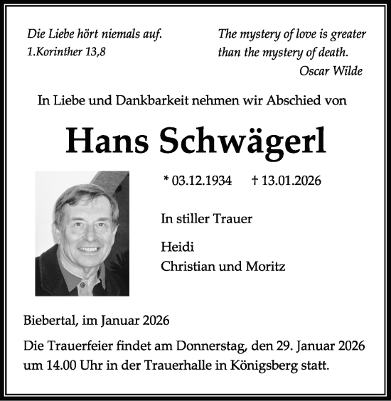 Traueranzeige von Hans Schwägerl von Giessener Allgemeine, Alsfelder Allgemeine