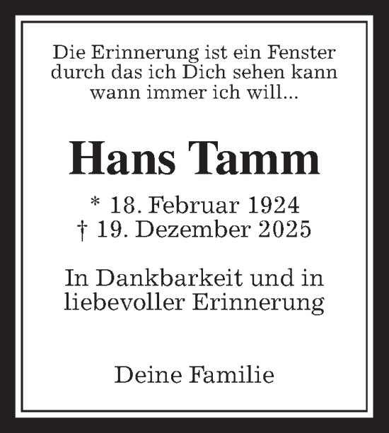 Traueranzeige von Hans Tamm von Usinger Anzeiger