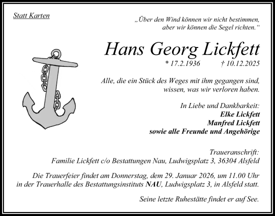 Traueranzeige von Hans Georg Lickfett von Oberhessische Zeitung
