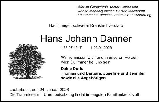 Traueranzeige von Hans Johann Danner 