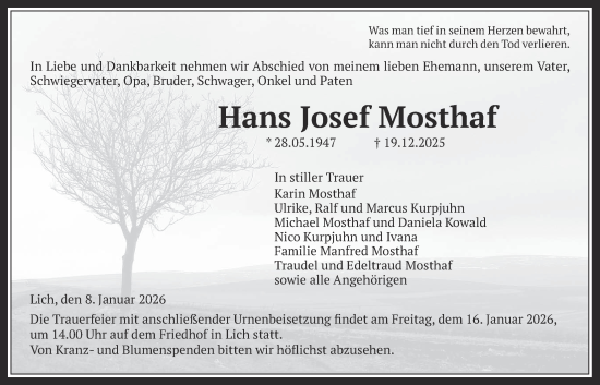 Traueranzeige von Hans Josef Mosthaf von Licher Wochenblatt