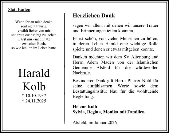 Traueranzeige von Harald Kolb von Oberhessische Zeitung