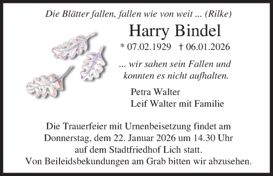 Traueranzeige von Harry Bindel von Licher Wochenblatt