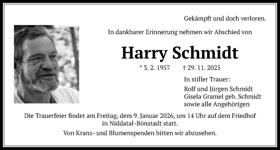 Traueranzeige von Harry Schmidt von Wetterauer Zeitung