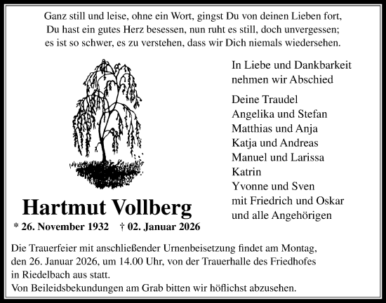 Traueranzeige von Hartmut Vollberg von Usinger Anzeiger
