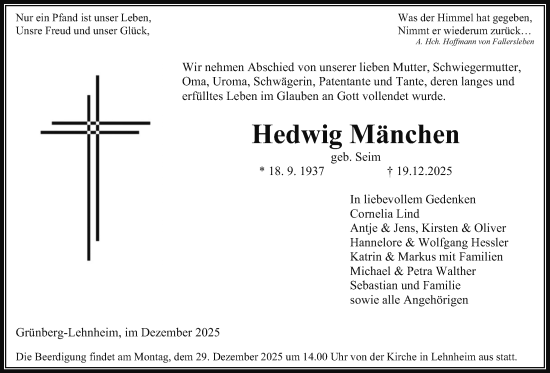 Traueranzeige von Hedwig Mänchen von Giessener Allgemeine, Alsfelder Allgemeine, Giessener Allgemeine, Alsfelder Allgemeine