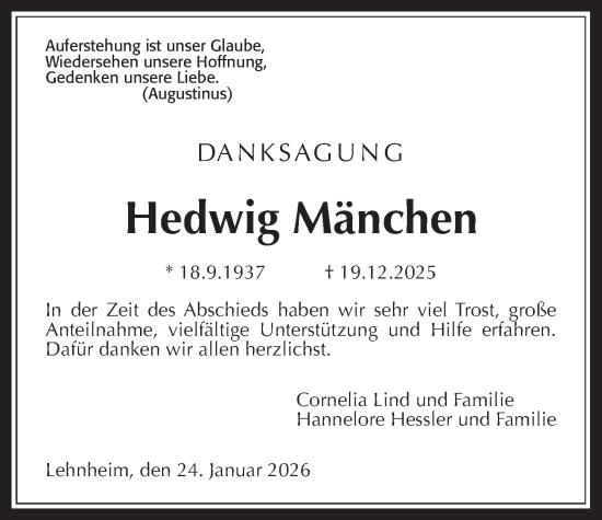 Traueranzeige von Hedwig Mänchen von Giessener Allgemeine, Alsfelder Allgemeine