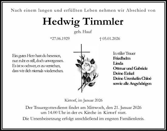 Traueranzeige von Hedwig Timmler von Oberhessische Zeitung