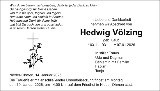 Traueranzeige von Hedwig Völzing von Giessener Allgemeine, Alsfelder Allgemeine