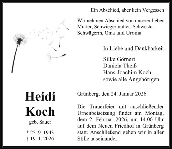 Traueranzeige von Heidi Koch von Giessener Allgemeine, Alsfelder Allgemeine
