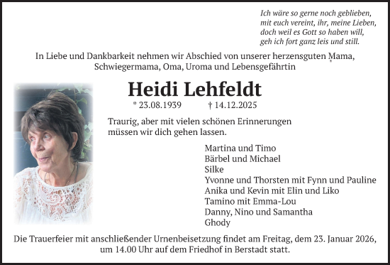 Traueranzeige von Heidi Lehfeldt von Wetterauer Zeitung