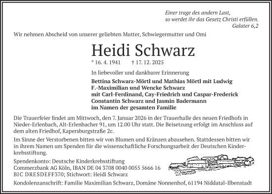 Traueranzeige von Heidi Schwarz von Wetterauer Zeitung