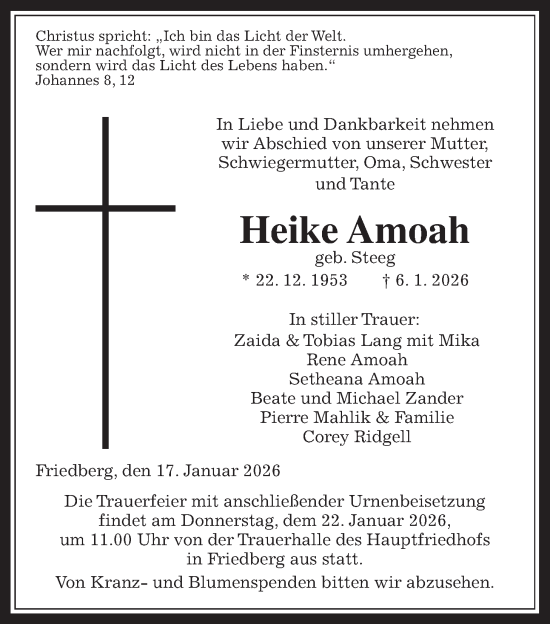 Traueranzeige von Heike Amoah von Wetterauer Zeitung