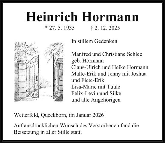 Traueranzeige von Heinrich Hormann von Laubacher Anzeiger, Giessener Allgemeine, Alsfelder Allgemeine