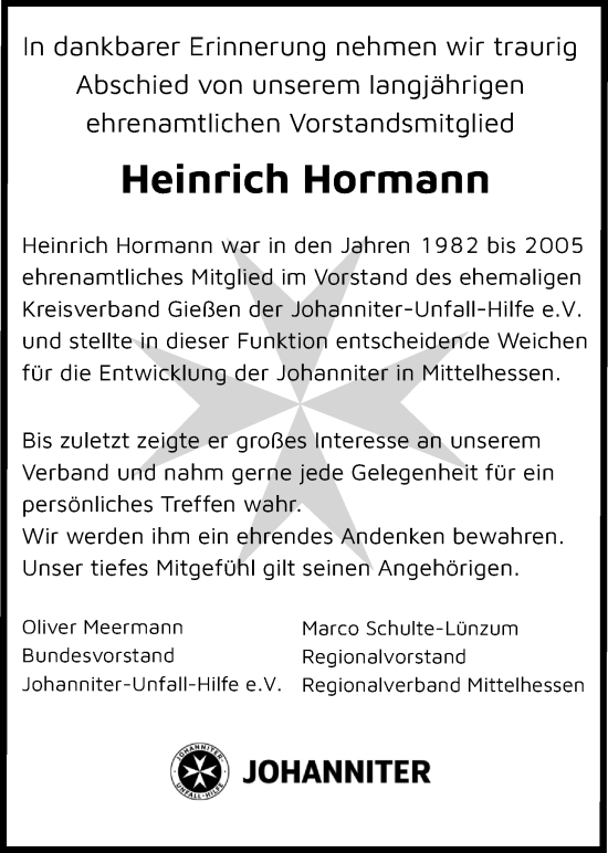 Traueranzeige von Heinrich Hormann von Giessener Anzeiger, Giessener Allgemeine, Alsfelder Allgemeine