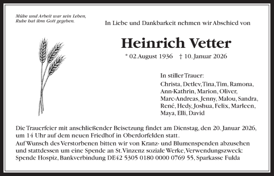 Traueranzeige von Heinrich Vetter von Bad Vilbel/Karben