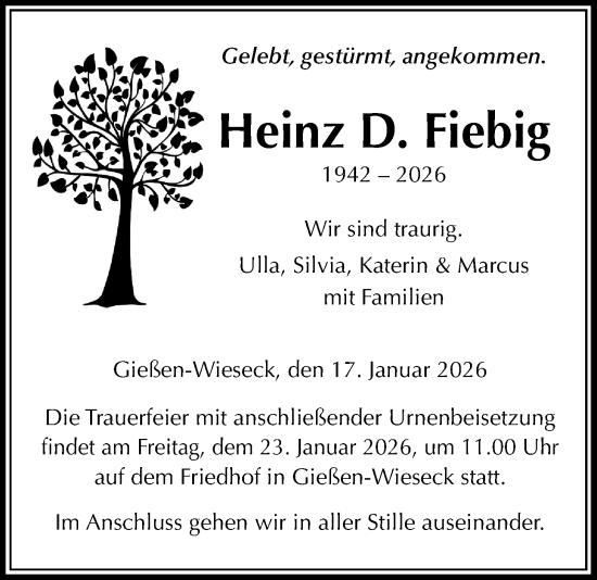 Traueranzeige von Heinz D. Fiebig von Giessener Anzeiger, Giessener Allgemeine, Alsfelder Allgemeine