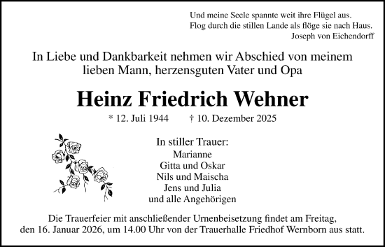 Traueranzeige von Heinz Friedrich Wehner von Usinger Anzeigenblatt