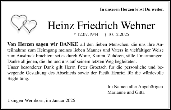 Traueranzeige von Heinz Friedrich Wehner von Usinger Anzeigenblatt