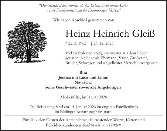Traueranzeige von Heinz Heinrich Gleiß von Kreis-Anzeiger
