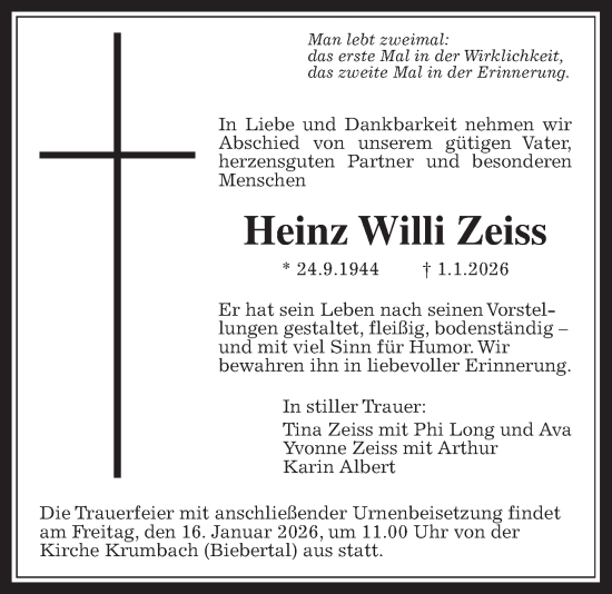 Traueranzeige von Heinz Willi Zeiss von Giessener Allgemeine, Alsfelder Allgemeine