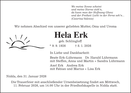 Traueranzeige von Hela Erk von Kreis-Anzeiger