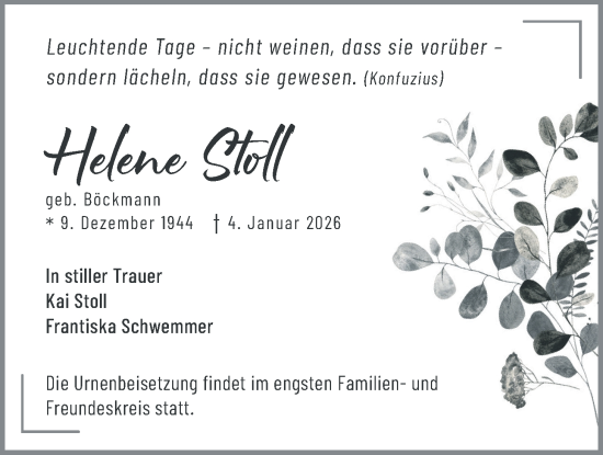 Traueranzeige von Helene Stoll von Licher Wochenblatt