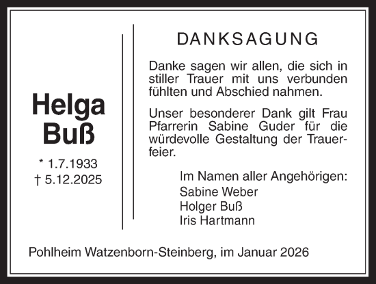 Traueranzeige von Helga Buß von Giessener Anzeiger, Giessener Allgemeine, Alsfelder Allgemeine