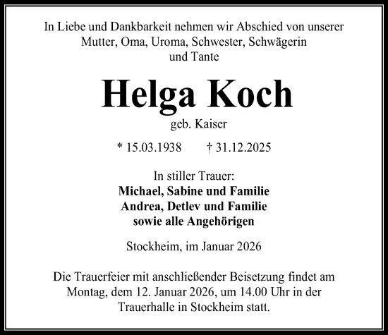 Traueranzeige von Helga Koch von Kreis-Anzeiger